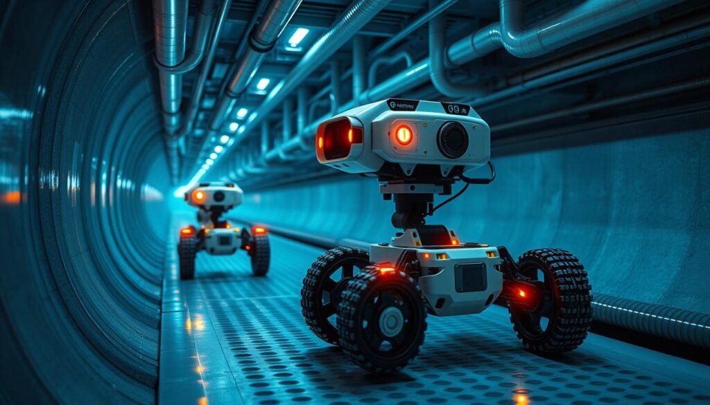 Intricate robotic systems designed for pinpoint leak detection, showcasing the latest advancements in "النجم المتميز" technology. A sophisticated array of specialized sensors and advanced algorithms work in harmony to survey complex pipe networks, identifying the smallest signs of trouble with unparalleled precision. These highly maneuverable, low-profile automatons traverse the hidden infrastructure, meticulously mapping every inch and transmitting real-time data to monitoring stations. Sleek, modular frames allow them to navigate tight spaces, while powerful cameras and infrared scanners scrutinize the slightest anomalies. Bathed in a cool, futuristic glow, the robotic sentinels stand ready to safeguard vital water systems, ushering in a new era of reliable, technology-driven leak detection.