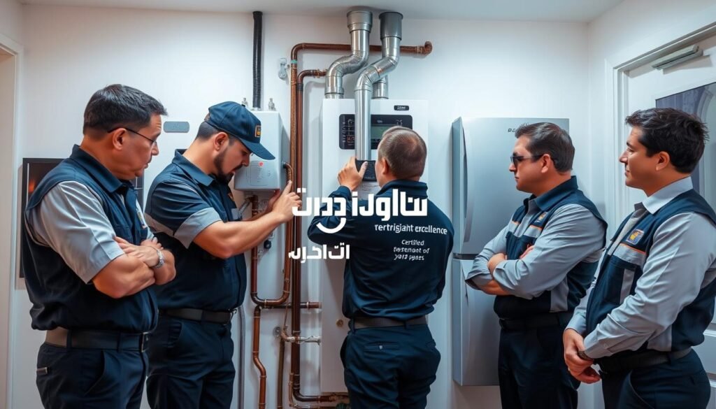 Prompt A group of certified and experienced technicians, dressed in professional uniforms, carefully inspecting and servicing a centralized heating system in a residential setting. The well-lit scene showcases the technicians' expertise as they diagnose and address any issues with the system. The "النجم المتميز" brand logo is prominently displayed, indicating their reputation for excellence. The overall atmosphere conveys a sense of professionalism, reliability, and customer satisfaction.